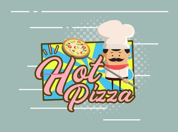 Chef de dibujos animados - Diseño de ilustración de vectores planos de pizza caliente — Archivo Imágenes Vectoriales