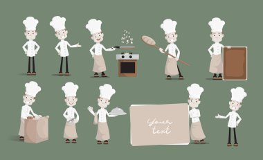 Şef çeşitli eylemler düz vektör çizim tasarım karikatür