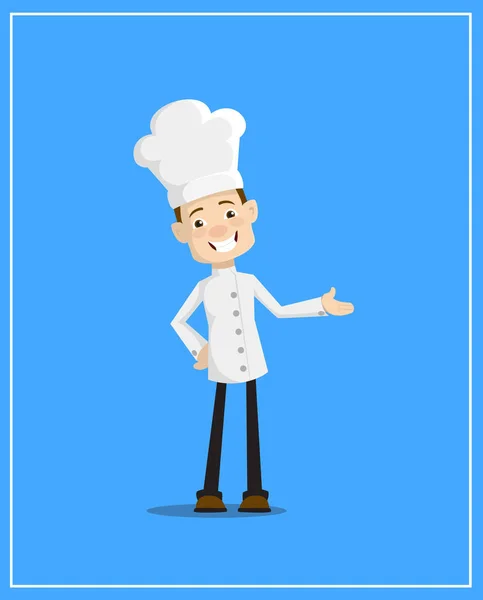 Cartoon Chef presenta e felice Flat Vector Illustration Design — Vettoriale Stock