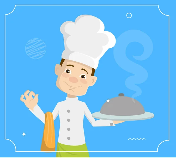 Γελοιογραφία σεφ με ζεστό φαγητό επίπεδη σχεδίαση εικονογράφηση διάνυσμα — Διανυσματικό Αρχείο