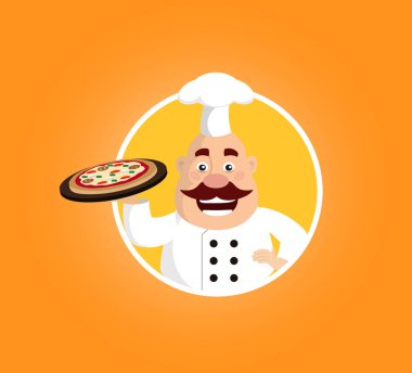 Yağ karikatür Şef pizza maskot düz vektör çizim tasarım