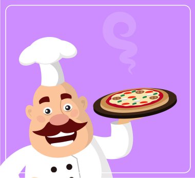 Yağ çizgi film sıcak pizza düz vektör çizim tasarım elinde Şef