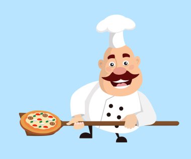 Yağ karikatür Şef pizza düz vektör çizim tasarım pişirme