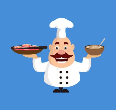 Yağ karikatür Şef çorba ve suşi düz vektör çizim tasarım