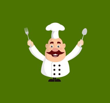 Yağ karikatür çatal ve kaşık düz vektör çizim tasarım elinde Şef