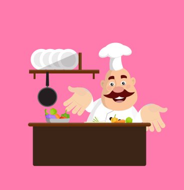 Yağ karikatür Şef pişirme düz vektör çizim tasarım