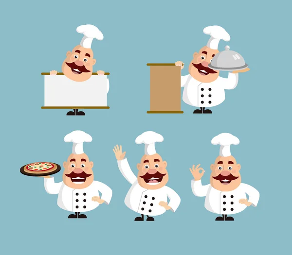 Fat Cartoon Chef Varias Poses Plano Vector Ilustración Diseño — Archivo Imágenes Vectoriales