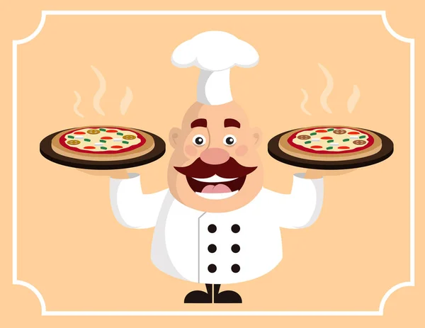 Chef Dibujos Animados Grasa Con Pizza Doble Vector Plano Diseño — Archivo Imágenes Vectoriales