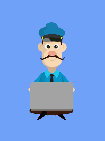 Polícia de polícia de desenhos animados - Sentado e trabalhando no laptop — Vetor de Stock