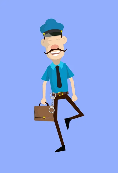 漫画警官警官-スーツケースを保持して陽気な顔 — ストックベクタ