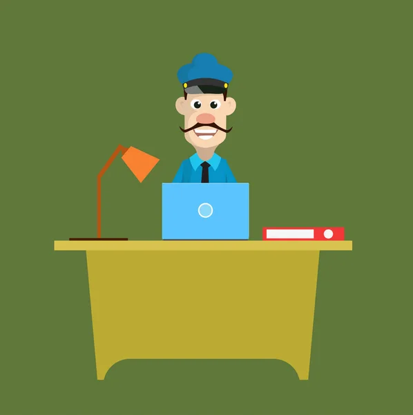 Cartoon Cop Policeman - Working on Laptop — Stock Vector