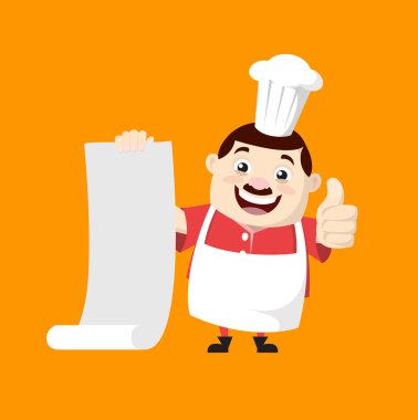 Çizgi film Şişko Komik Aşçı - Kağıt Parşömen Tutmak ve Thum Göstermek