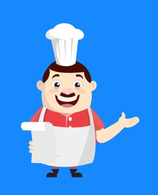 Cartoon Fat Funny Cook - Holding a Paper and Announcing