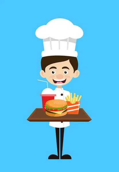 Chef Cartoon - Presentando comida rápida — Vector de stock