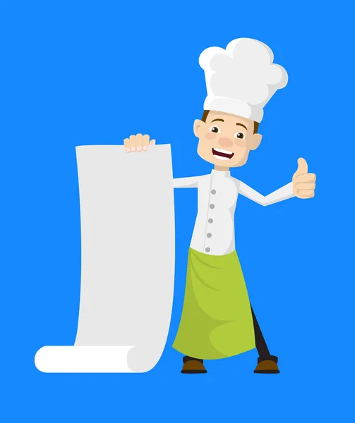Koch - hält eine Papierrolle und zeigt Daumen nach oben — Stockvektor