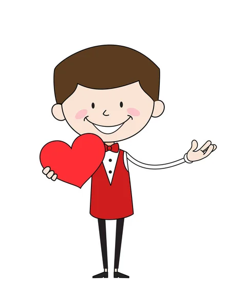 Cartoon číšník Caterer - drží srdce a ukazuje s rukou — Stockový vektor