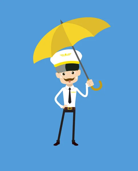 Cartoon Pilot Flight Attendant - Standing with Umbrella — Stock Vector