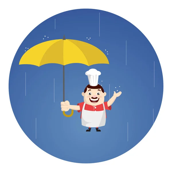 Grasa de dibujos animados cocinero divertido - De pie bajo la lluvia con paraguas — Archivo Imágenes Vectoriales