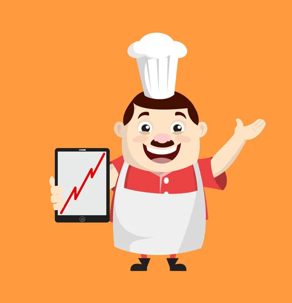 Gordura dos desenhos animados engraçado cozinheiro - Apresentando lucro crescente gráfico na tabela — Vetor de Stock