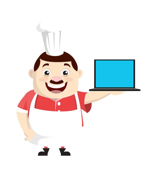 Cartoon Fat Funny Cook - Laptop bemutatása — Stock Vector