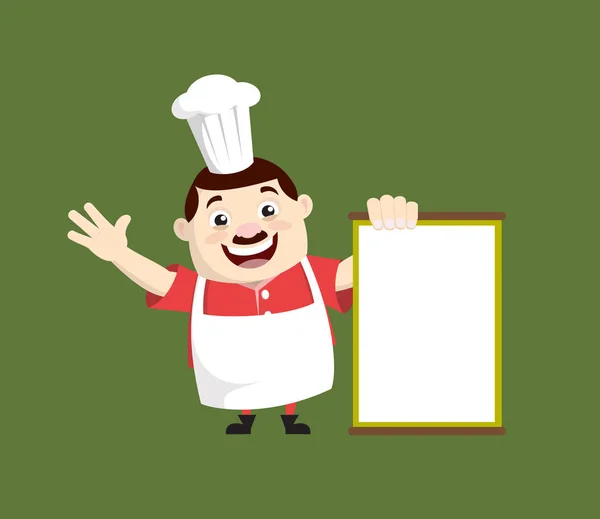 Cartoon Fat Funny Cook - Apresentando alegremente uma placa em branco — Vetor de Stock