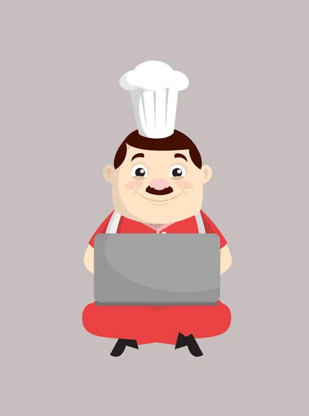 만화에 나오는 뚱뚱 한 요리사가 노트북으로 일하는 모습 — 스톡 벡터