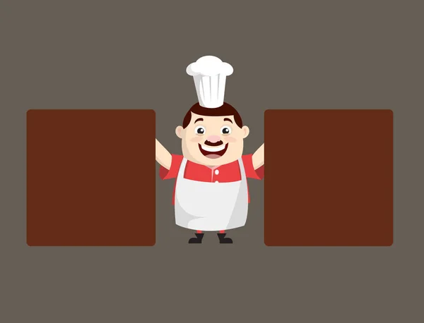 Cartoon grasso divertente cuoco - In piedi con due schede — Vettoriale Stock