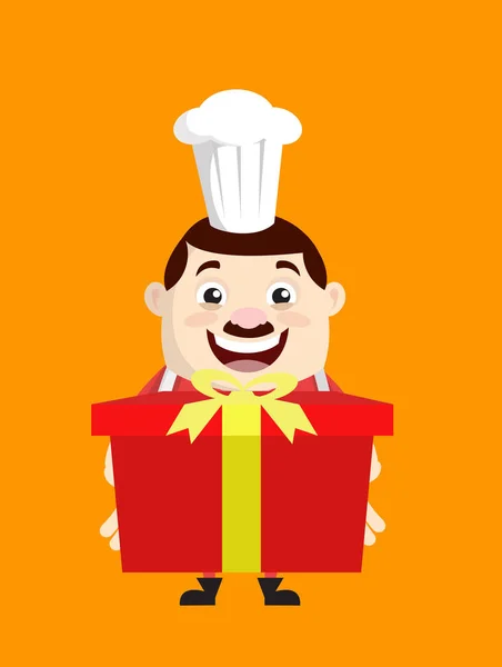 Cartoon Fat Funny Cook - Présentation d'une boîte-cadeau — Image vectorielle