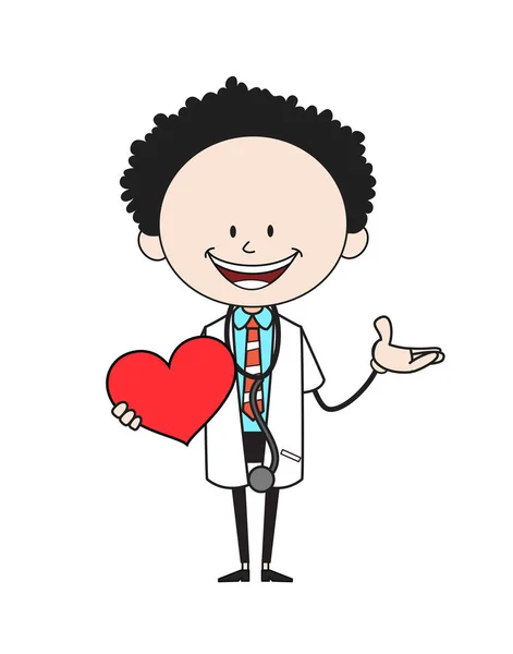 Cartoon Doctor - Fogása a szív és mutató kézzel — Stock Vector