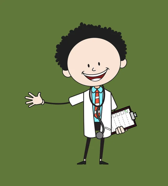 Doctor de dibujos animados - Mantener una lista de verificación y mostrar con la mano Gestu — Vector de stock