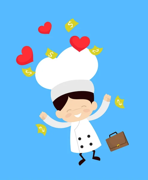 Chef bonito dos desenhos animados - Saltando com corações e dinheiro —  Vetores de Stock