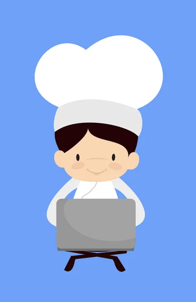 Chef bonito dos desenhos animados - Sentado e trabalhando no laptop — Vetor de Stock