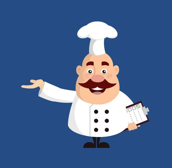 Fetter, lustiger Koch - hält eine Checkliste in der Hand und zeigt mit der Hand gestu — Stockvektor