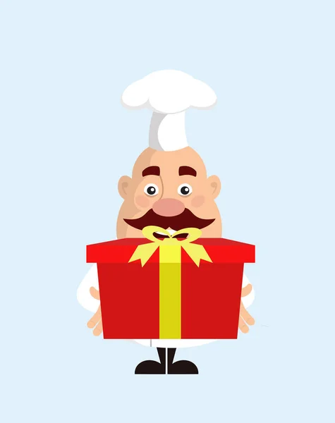 Fat Funny Chef - Presenting a Gift Box — Stock Vector