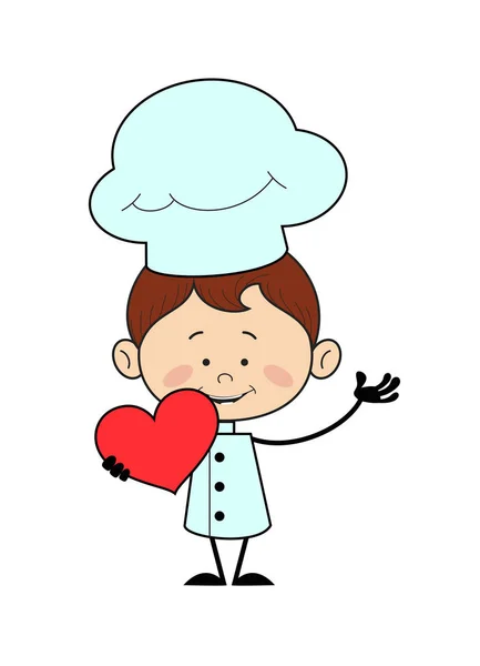 Chef de carácter de cocina - sosteniendo un corazón y mostrando con la mano — Vector de stock