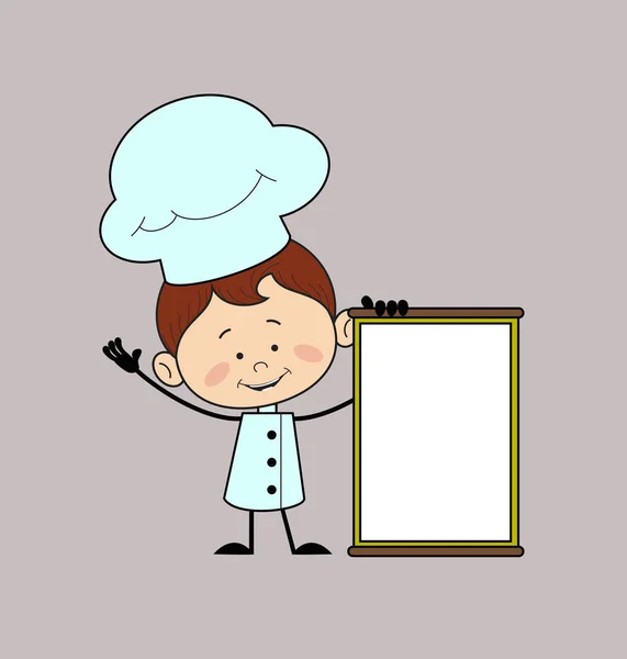 Chef de carácter de cocina - alegremente presentando un tablero en blanco — Archivo Imágenes Vectoriales