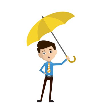 Satış elemanı Şemsiye 'nin yanında duruyor.