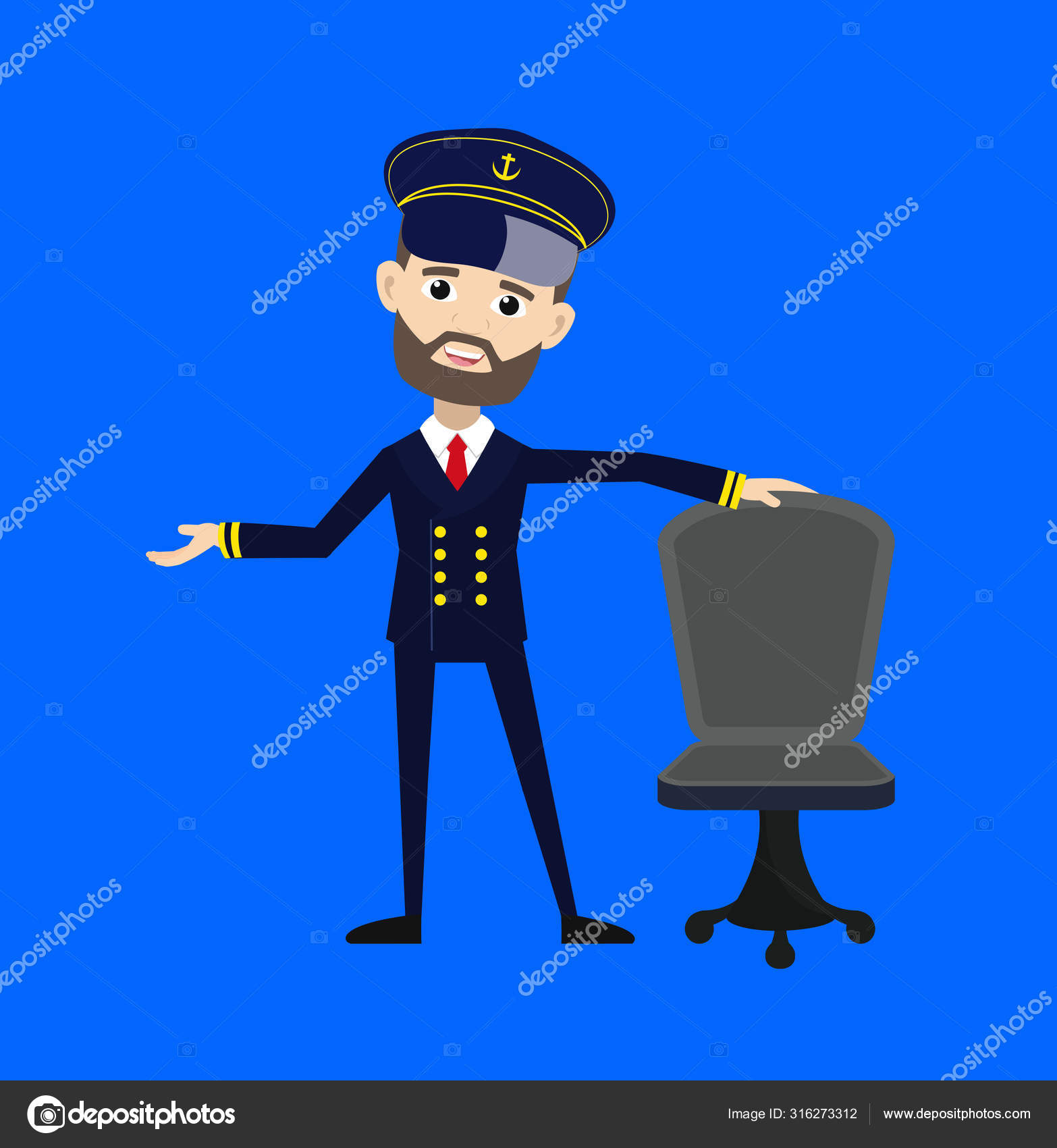 Ship Captain Pilot Standing with Chair and Gesturing with Hand Stock