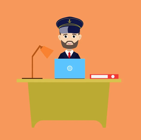 Ship Captain Pilot - Working on Laptop — Stock Vector