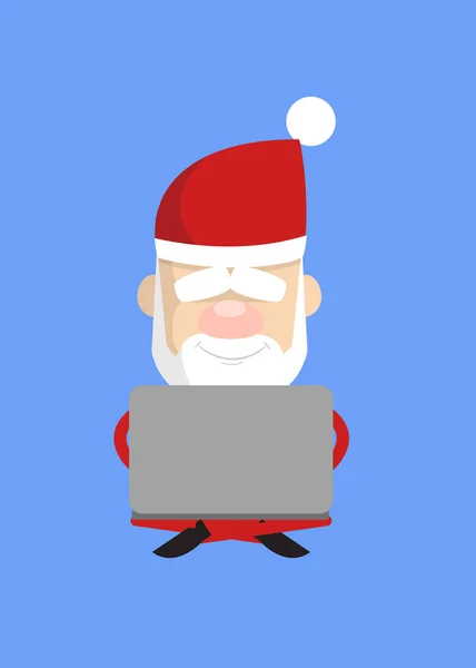 Simple Cartoon Santa - Sitting and Working on Laptop — Stock Vector