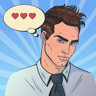 Çekici bir adam portresi. Kameraya bak. Flört ediyor. Kabarcık ile kalpleri içerir. Sevgililer günü onları. Pop art illüstrasyon. Vektör.