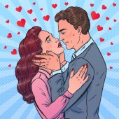 Pár ve stylu pop art. Muž a žena objímala. První polibek. Vektorové ilustrace. Téma lásky.