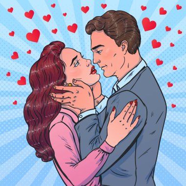 Pop sanat tarzı çift. Erkek ve kadın sarılma. İlk öpücük. Vektör çizim. Love Tema.