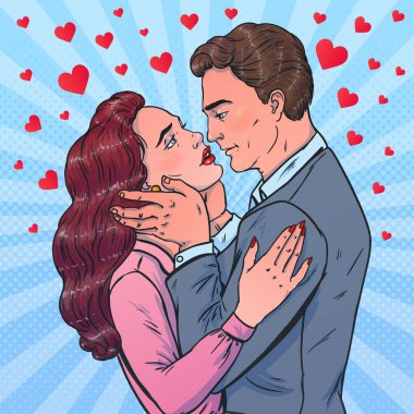 Couple in pop art style. Man and woman hugging. First kiss.Vector illustration. Love theme. clipart