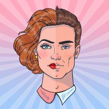 Bir elmanın iki yarısı. Erkek ve kadın yüzü. Cinsiyet farklılıkları. Vektör çizim pop sanat tarzı.