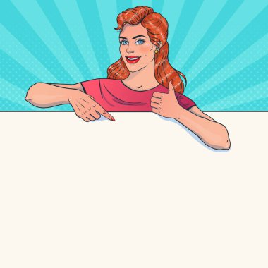 Promosyon reklam marka burada gülümseyen. İşaret parmağı. Hareketleri başparmak yukarıya. Vektör çizim pop sanat tarzı.