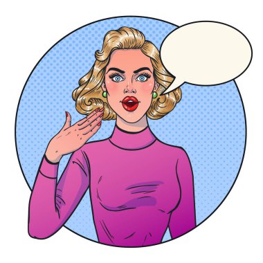 Neşeli, Sarışın, kız duygu sürpriz ile gülümseyen. Pop sanat tarzı. Vektör çizim. Konuşma balonu ile.