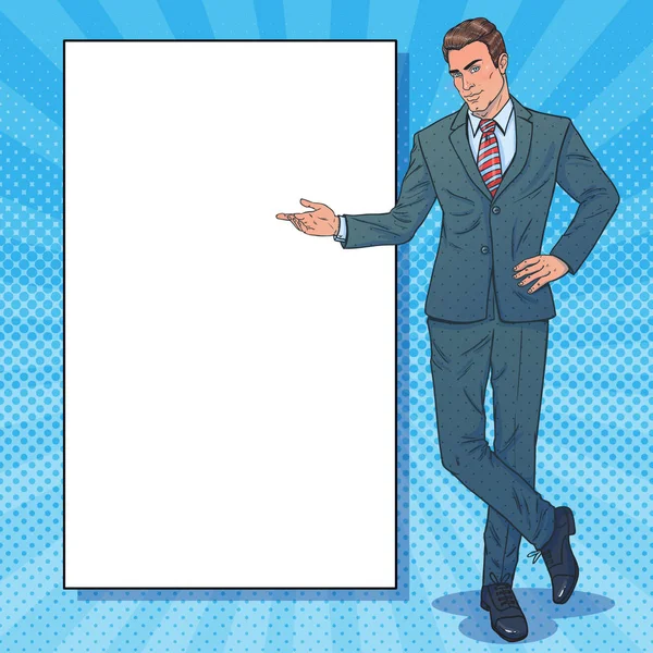 Affiche Homme Annonçant Votre Marque Ici Pop Art Style Rétro — Image vectorielle