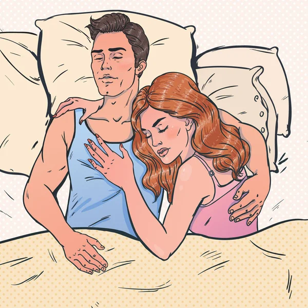 年轻的女人和男人睡在一起 夫妇睡在床上拥抱 爱的主题 流行艺术插画 — 图库矢量图片