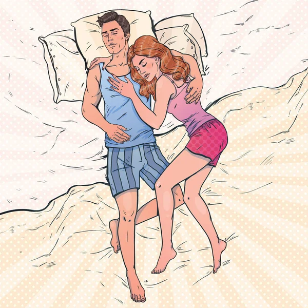 Young Woman Man Sleeping Together Couple Sleep Bed Hugging Love — Stock Vector